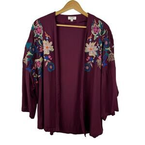 Umgee Womens Embroidered Floral Kimono‎ Cardigan Burgundy Size M | Boho Hippie